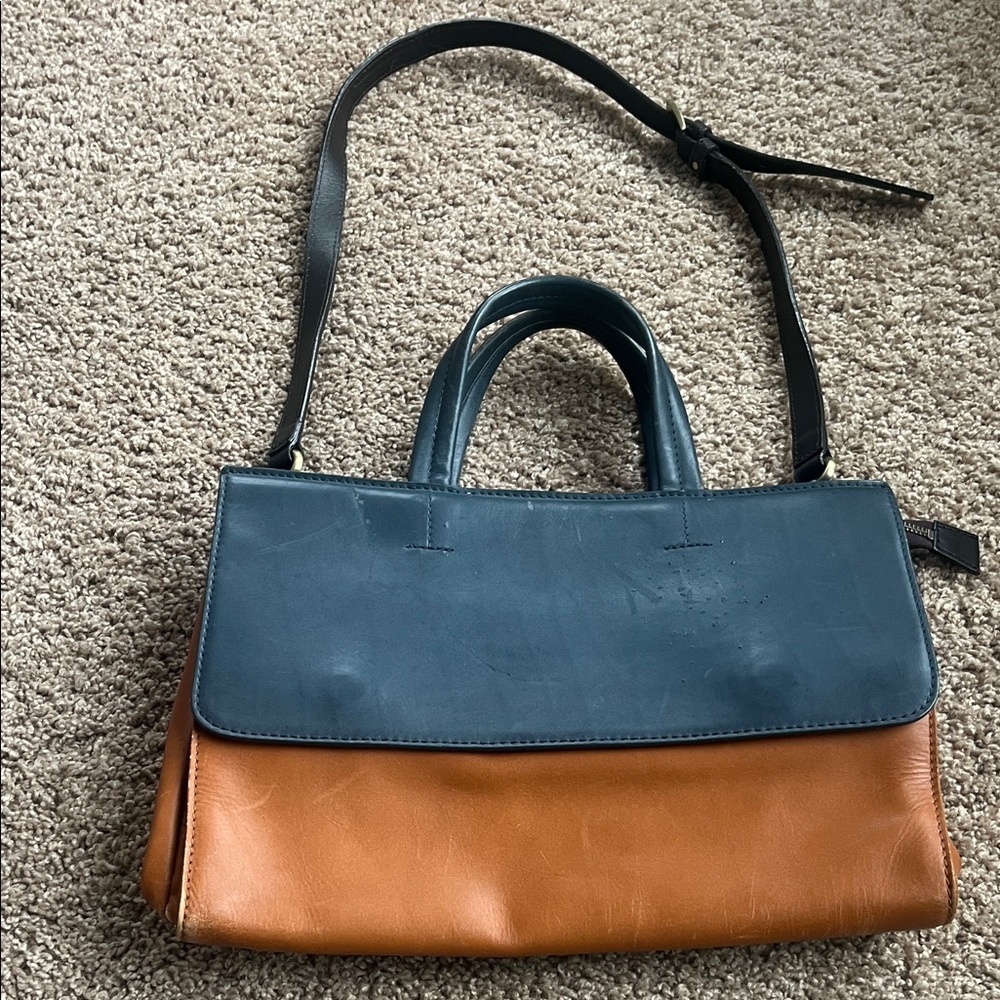 Boden Tan and Blue Leather Crossbody Handbag